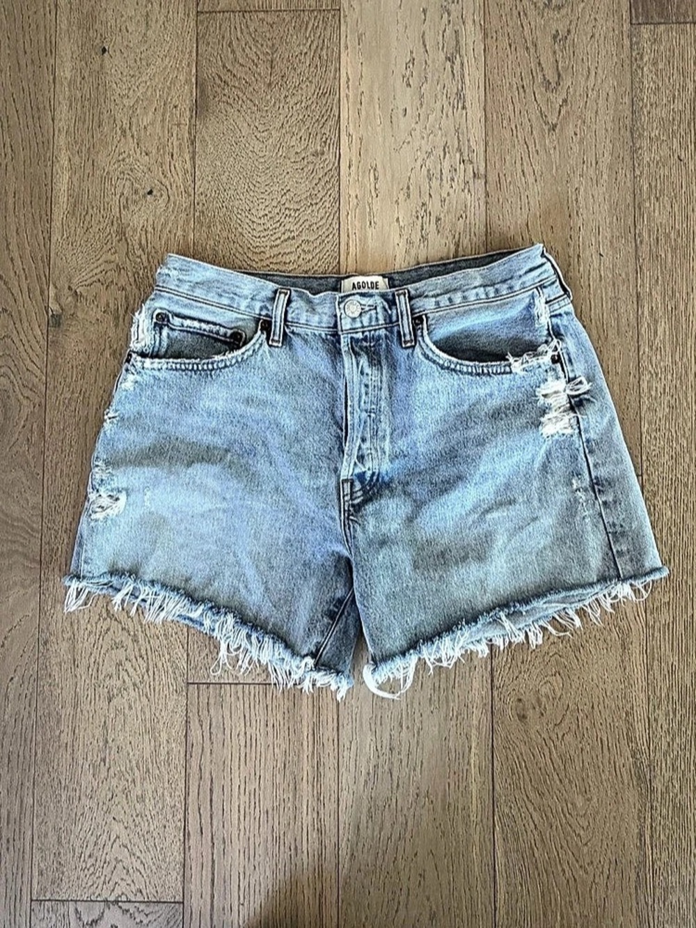 AGOLDE Parker Long Distressed Denim Cutoff Shorts Light Wash Size 29